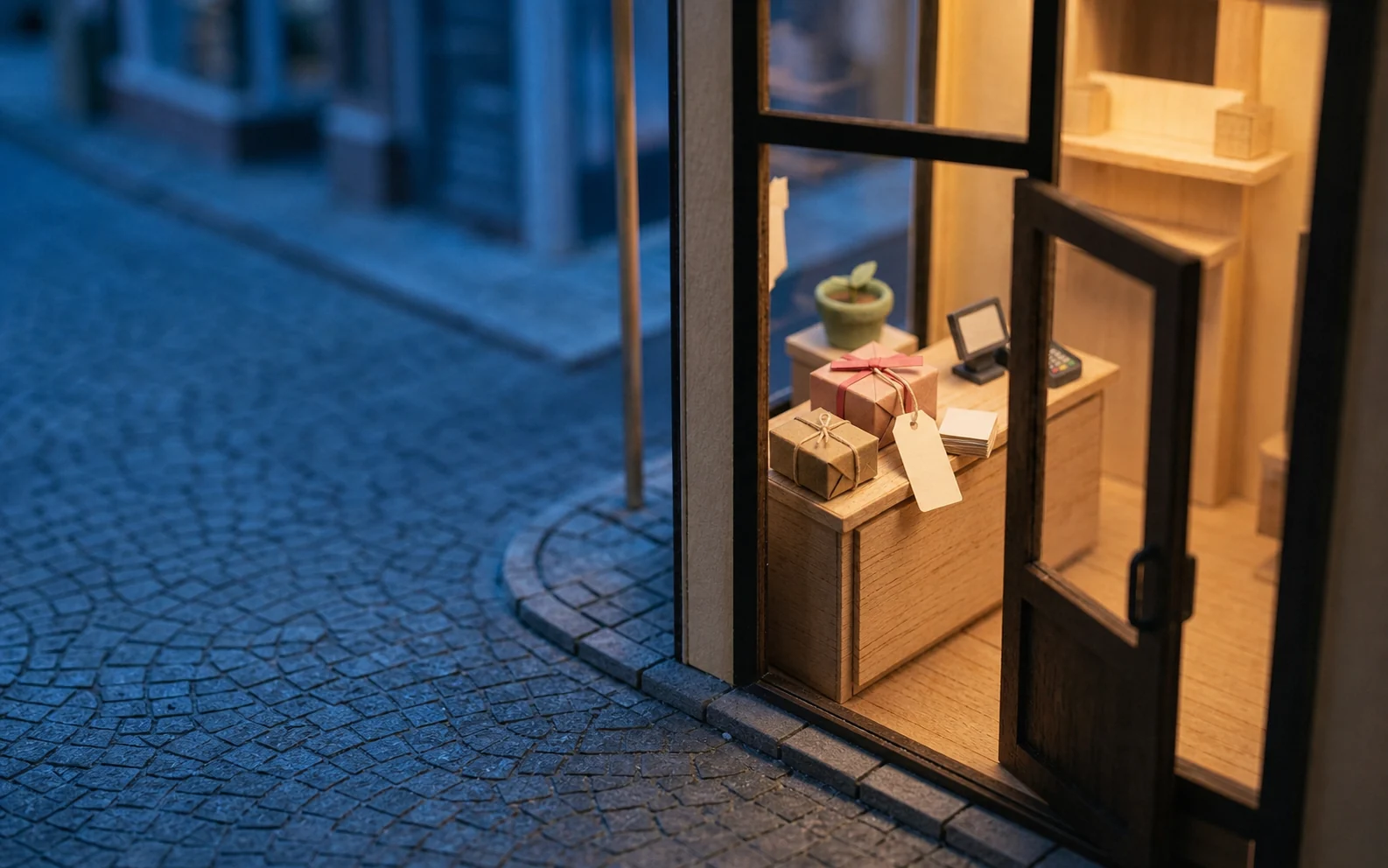 A miniature storefront with products ready for sale