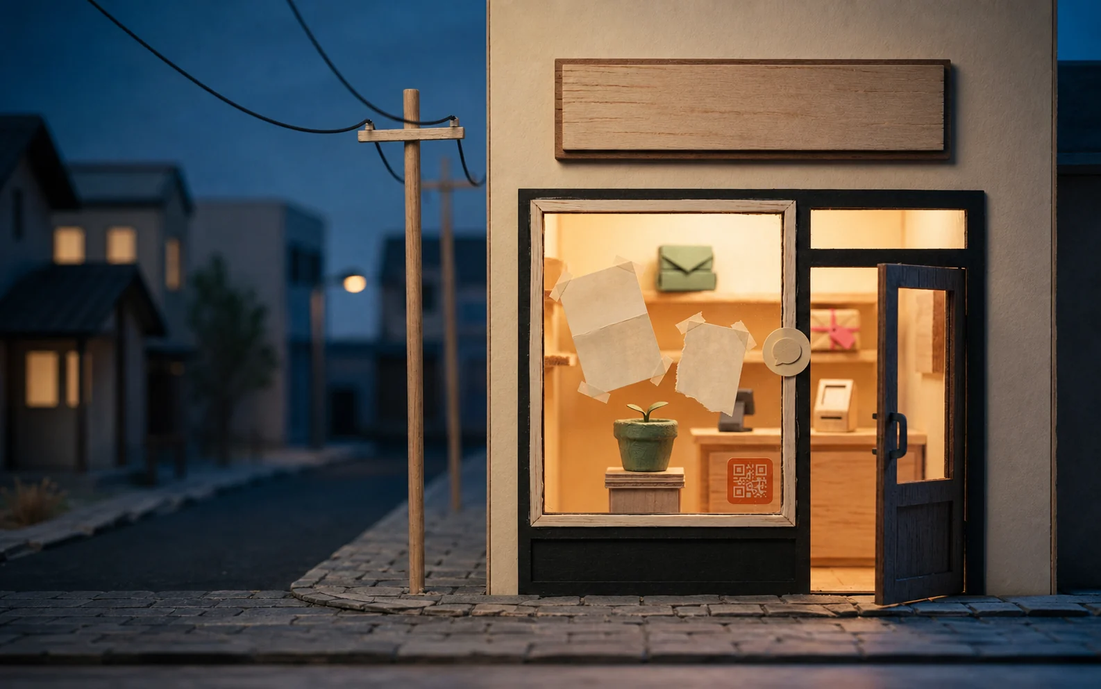 A miniature neighborhood store at dusk