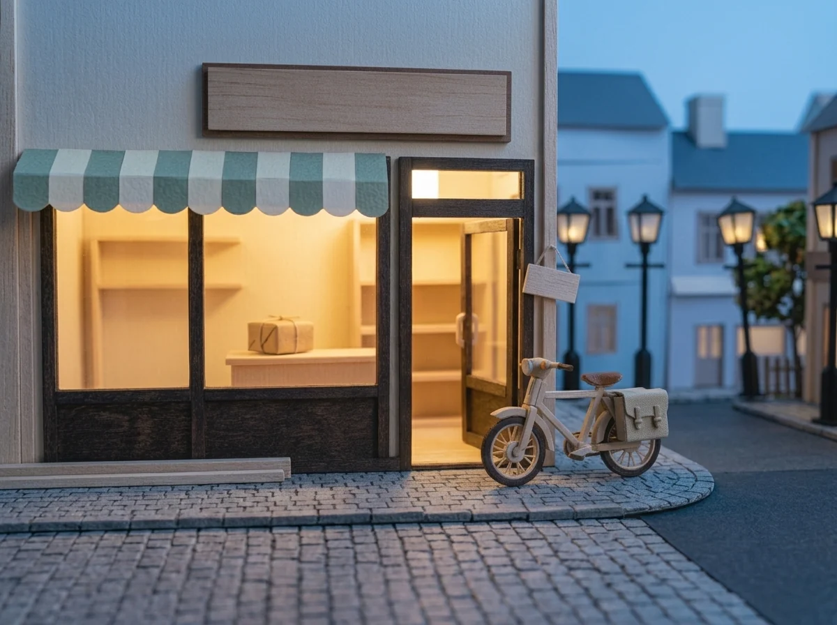 A quiet miniature neighborhood store with a bicycle outside