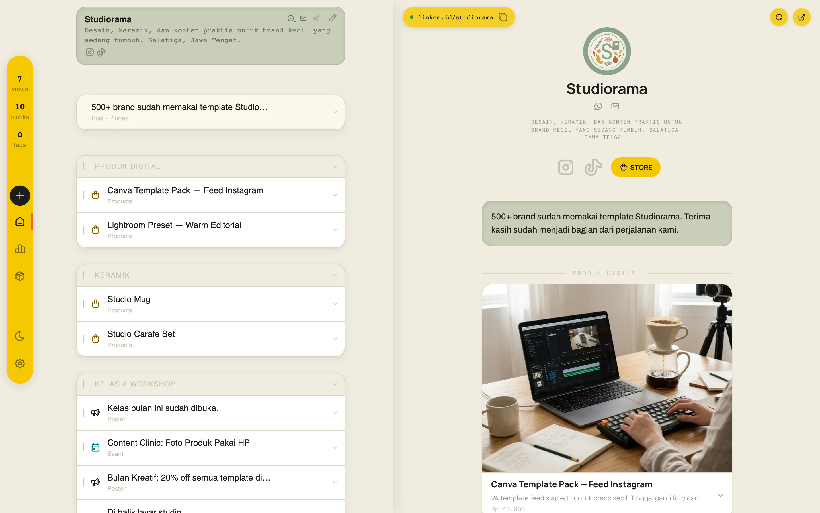 The real Studiorama Linkee editor and live page