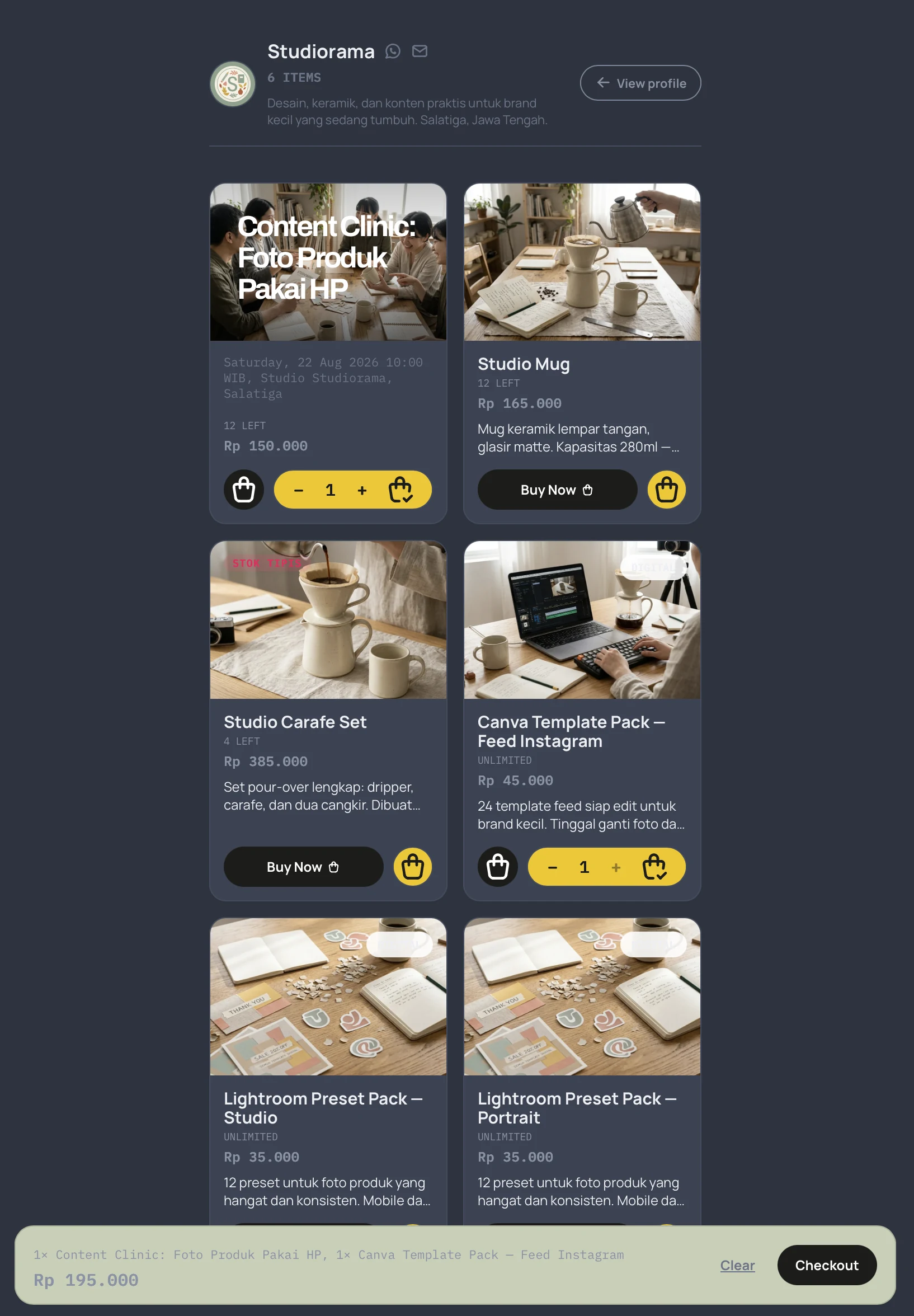 Studiorama's Linkee store with products, tickets, and a shared checkout bag