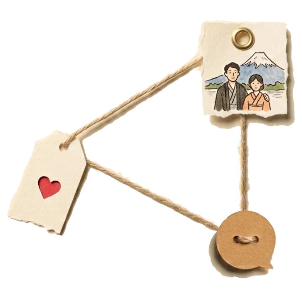 Paper tags and photos scattered on strings, like pieces of an identity spread across platforms