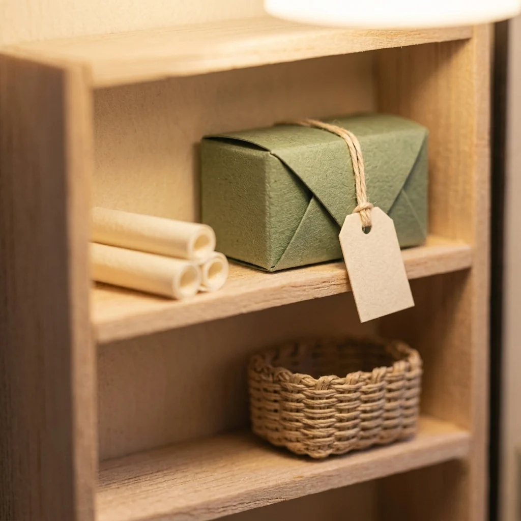 Wrapped garage-sale items on a shelf